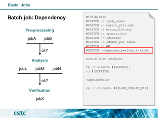 Batch job: Dependency
Basic: Jobs
Pre-processing
Analysis
Verification
jobX
jobB
jobA
jobN
jobM
jobL
ok?
ok?
#!/bin/bash
#SBATCH -J <job_name>
#SBATCH -o output_file.out
#SBATCH -e error_file.err
#SBATCH -p <partition>
#SBATCH -n <#tasks>
#SBATCH -c <#cpus_per_task>
#SBATCH -t 60
#SBATCH --dependency=afterok:<jid>
module load <module>
cp -r <input> ${SCRATCH}
cd ${SCRATCH}
<application>
cp -r <output> ${SLURM_SUBMIT_DIR}
 