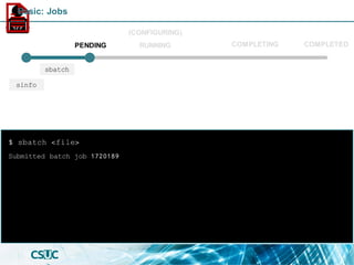 Submitted batch job 1720189
$ sbatch <file>
PENDING
(CONFIGURING)
RUNNING COMPLETED
sbatch
sinfo
COMPLETING
Basic: Jobs
 