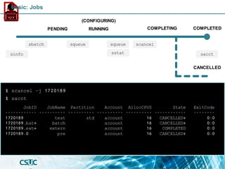 PENDING
(CONFIGURING)
RUNNING COMPLETED
sbatch scancel
CANCELLED
sinfo
COMPLETING
squeue
squeue
sstat
$ scancel –j 1720189
sacct
JobID JobName Partition Account AllocCPUS State ExitCode
------------ ---------- ---------- ---------- ---------- ------------ --------
1720189 test std account 16 CANCELLED+ 0:0
1720189.bat+ batch account 16 CANCELLED+ 0:0
1720189.ext+ extern account 16 COMPLETED 0:0
1720189.0 pre account 16 CANCELLED+ 0:0
$ sacct
Basic: Jobs
 