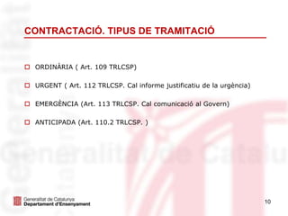 10
CONTRACTACIÓ. TIPUS DE TRAMITACIÓ
 ORDINÀRIA ( Art. 109 TRLCSP)
 URGENT ( Art. 112 TRLCSP. Cal informe justificatiu d...