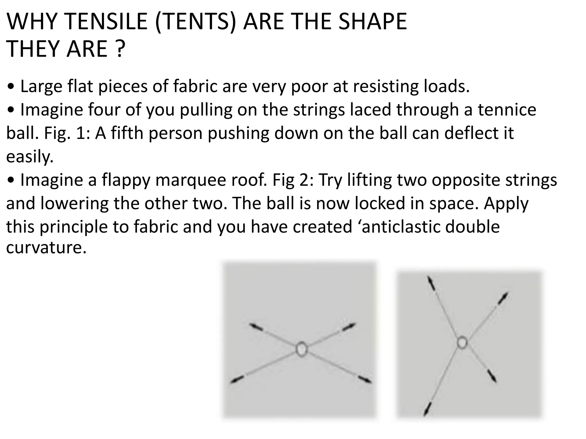 WHY TENSILE (TENTS) ARE THE SHAPE
THEY ARE ?
• Large flat pieces of fabric are very poor at resisting loads.
• Imagine four of you pulling on the strings laced through a tennice
ball. Fig. 1: A fifth person pushing down on the ball can deflect it
easily.
• Imagine a flappy marquee roof. Fig 2: Try lifting two opposite strings
and lowering the other two. The ball is now locked in space. Apply
this principle to fabric and you have created ‘anticlastic double
curvature.
 