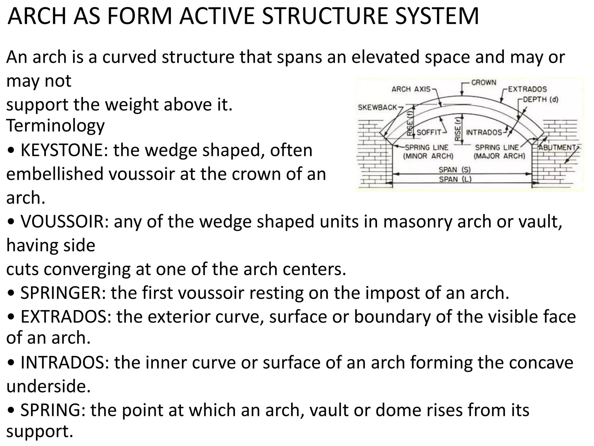 ARCH AS FORM ACTIVE STRUCTURE SYSTEM
An arch is a curved structure that spans an elevated space and may or
may not
support the weight above it.
Terminology
• KEYSTONE: the wedge shaped, often
embellished voussoir at the crown of an
arch.
• VOUSSOIR: any of the wedge shaped units in masonry arch or vault,
having side
cuts converging at one of the arch centers.
• SPRINGER: the first voussoir resting on the impost of an arch.
• EXTRADOS: the exterior curve, surface or boundary of the visible face
of an arch.
• INTRADOS: the inner curve or surface of an arch forming the concave
underside.
• SPRING: the point at which an arch, vault or dome rises from its
support.
 