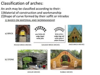 Classification of arches:
An arch may be classified according to their:
1)Material of construction and workmanship
2)Shape of curve formed by their soffit or intrados
 