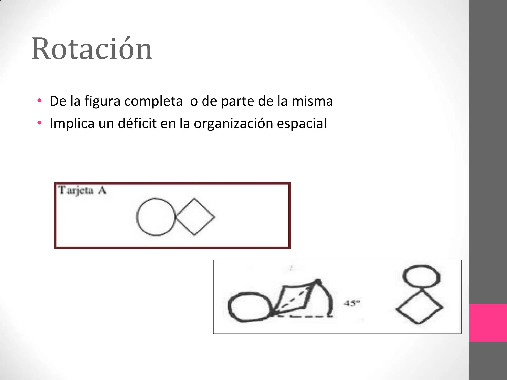 Rotación
• De la figura completa o de parte de la misma
• Implica un déficit en la organización espacial
 
