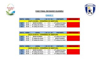 FASE FINAL EM BAIXO GUANDU
CHAVE C
DATA HORA LOCAL 11 X 11 VISITANTE ARBITRAGEM
(16/7)-18:30Hs - CERIMÔNIA DE ABERTURA
16/7 19:15 BAIXO GUANDU X 4º cabeça de chave
17/7 18:30 2º cabeça de chave X BAIXO GUANDU
18/7 18:30 4º cabeça de chave X 2º cabeça de chave
DATA HORA LOCAL 13 X 13 VISITANTE ARBITRAGEM
(16/7)-18:30 Hs - CERIMÔNIA DE ABERTURA
16/7 20:15 BAIXO GUANDU X 4º cabeça de chave
17/7 19:30 2º cabeça de chave X BAIXO GUANDU
18/7 19:30 4º cabeça de chave X 2º cabeça de chave
DATA HORA LOCAL 15 X 15 VISITANTE ARBITRAGEM
(16/7)-18:30 Hs - CERIMÔNIA DE ABERTURA
16/7 21:15 BAIXO GUANDU X 4º cabeça de chave
17/7 20:30 2º cabeça de chave X BAIXO GUANDU
18/7 20:30 4º cabeça de chave X 2º cabeça de chave
 