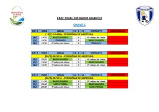 FASE FINAL EM BAIXO GUANDU
CHAVE C
DATA HORA LOCAL 11 X 11 VISITANTE ARBITRAGEM
(16/7)-18:40Hs - CERIMÔNIA DE ABERTURA
16/7 19:20 BAIXO GUANDU X 4º cabeça de chave
17/7 18:30 ITAGUAÇU X BAIXO GUANDU
18/7 18:30 4º cabeça de chave X ITAGUAÇU
DATA HORA LOCAL 13 X 13 VISITANTE ARBITRAGEM
(16/7)-18:30 Hs - CERIMÔNIA DE ABERTURA
16/7 20:20 BAIXO GUANDU X 4º cabeça de chave
17/7 19:30 2º cabeça de chave X BAIXO GUANDU
18/7 19:30 4º cabeça de chave X 2º cabeça de chave
DATA HORA LOCAL 15 X 15 VISITANTE ARBITRAGEM
(16/7)-18:30 Hs - CERIMÔNIA DE ABERTURA
16/7 21:30 BAIXO GUANDU X 4º cabeça de chave
17/7 20:40 SANTA TERESA X BAIXO GUANDU
18/7 20:40 4º cabeça de chave X SANTA TERESA
 