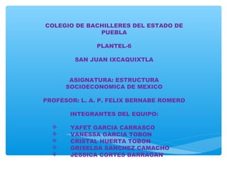 COLEGIO DE BACHILLERES DEL ESTADO DE
PUEBLA
PLANTEL-6
SAN JUAN IXCAQUIXTLA
ASIGNATURA: ESTRUCTURA
SOCIOECONOMICA DE MEXICO
PROFESOR: L. A. P. FELIX BERNABE ROMERO
INTEGRANTES DEL EQUIPO:
 YAFET GARCIA CARRASCO
 VANESSA GARCIA TOBON
 CRISTAL HUERTA TOBON
 GRISELDA SANCHEZ CAMACHO
 JESSICA CORTES BARRAGAN
 