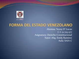 Alumna: Yenny D’ Lucas
C.I: 12.725.577
Asignatura: Derecho Constitucional
Tutor: Abg. Emily Ramírez
Aula: SAIA C
 