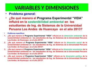 VARIABLES Y DIMENSIONES
• Problema general:
• ¿De qué manera el Programa Experimental “VIDA”
influirá en la sostenibilidad ambiental en los
estudiantes de Ing. de Sistemas de la Universidad
Peruana Los Andes de Huancayo en el año 2013?
• Problemas específicos:
1. ¿De qué manera el Programa Experimental “VIDA” influirá en la dimensión ambiental de la
sostenibilidad ambiental en los estudiantes de Ing. de Sistemas de la Universidad Peruana
Los Andes de Huancayo en el año 2013?
2. ¿De qué manera el Programa Experimental “VIDA” influirá en la dimensión social de la
sostenibilidad ambiental en los estudiantes de Ing. de Sistemas de la Universidad Peruana
Los Andes de Huancayo en el año 2013?
3. ¿De qué manera el Programa Experimental “VIDA” influirá en la dimensión económica de la
sostenibilidad ambiental en los estudiantes de Ing. de Sistemas de la Universidad Peruana
Los Andes de Huancayo en el año 2013?
4. ¿De qué manera el Programa Experimental “VIDA” influirá en la dimensión política de la
sostenibilidad ambiental en los estudiantes de Ing. de Sistemas de la Universidad Peruana
Los Andes de Huancayo en el año 2013?
14
 