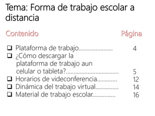 Tema: Forma de trabajo escolar a
distancia
 Plataforma de trabajo……………….…
 ¿Cómo descargar la
plataforma de trabajo aun
celular o tableta?..................................
 Horarios de videconferencia……….…
 Dinámica del trabajo virtual……..…....
 Material de trabajo escolar…………...
4
5
12
14
16
 