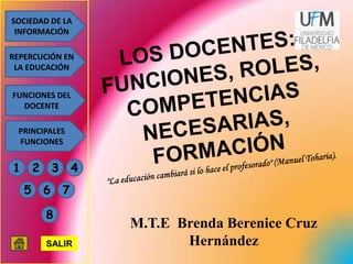 SOCIEDAD DE LA
 INFORMACIÓN

REPERCUCIÓN EN
 LA EDUCACIÓN


FUNCIONES DEL
  DOCENTE

 PRINCIPALES
 FUNCIONES


1       2       3       4
    5       6       7

            8
                            M.T.E Brenda Berenice Cruz
            SALIR                  Hernández
 