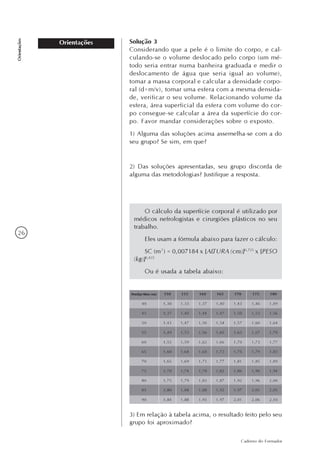 26
Caderno do Formador
Orientações
Orientações Solução 3
Considerando que a pele é o limite do corpo, e cal-
culando-se o volume deslocado pelo corpo (um mé-
todo seria entrar numa banheira graduada e medir o
deslocamento de água que seria igual ao volume),
tomar a massa corporal e calcular a densidade corpo-
ral (d=m/v), tomar uma esfera com a mesma densida-
de, verificar o seu volume. Relacionando volume da
esfera, área superficial da esfera com volume do cor-
po consegue-se calcular a área da superfície do cor-
po. Favor mandar considerações sobre o exposto.
1) Alguma das soluções acima assemelha-se com a do
seu grupo? Se sim, em que?
2) Das soluções apresentadas, seu grupo discorda de
alguma das metodologias? Justifique a resposta.
O cálculo da superfície corporal é utilizado por
médicos nefrologistas e cirurgiões plásticos no seu
trabalho.
Eles usam a fórmula abaixo para fazer o cálculo:
SC (m²) = 0,007184 x [ALTURA (cm)]0,725
x [PESO
(kg)]0,425
Ou é usada a tabela abaixo:
3) Em relação à tabela acima, o resultado feito pelo seu
grupo foi aproximado?
 