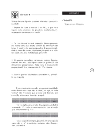27
Orientações
Orientações
Atividade 3
Vamos discutir algumas questões relativas à proporcio-
nalidade.
1. Depois de fazer a unidade 5 do TP2, o que você
sugere como exemplos de grandezas diretamente, in-
versamente ou não proporcionais?
2. Os conceitos de razão e proporção foram apresenta-
dos numa forma não muito comum de introduzir este
tema. O objetivo foi fazer uma análise de proporcionali-
dade a partir das razões, representações gráficas e tabe-
las. Você acha esta metodologia aplicável?
3. Os pontos num plano cartesiano, quando ligados,
formam uma reta. Isso significa que as grandezas são
diretamente proporcionais? Toda curva é inversamente
proporcional? Veja os exemplos do TP e discuta.
4. Sobre a questão levantada na atividade 16, apresen-
te sua resposta.
É importante compreender que proporcionalidade
entre dimensão e área não é linear, ou seja, se uma
“dobra” não é verdade que a outra será dobrada, por
exemplo, vejamos as situações a seguir:
ATIVIDADE 3
Tempo previsto: 30 minutos.
No exemplo acima o fator de proporcionalidade é
uma razão 1/2, então podemos escrever que a função
que a representa é y = 4x.
Desse segundo exemplo, podemos retirar a seguinte
expressão y = x2
, e a relação, portanto, não é linear e,
sim, quadrática.
 