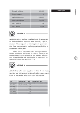 57
Orientações
OrientaçõesEntrada Mínima
Prazo (meses)
Valor Financiado
Prestação Mensal
Taxa Mensal
Taxa Anual
350,00
6
1.250,00
159,99
1,78
23,58
Atividade 5
Nossa intenção é analisar a melhor forma de aquisição
do eletrodoméstico. O custo deste produto, a prazo,
deve ser obtido segundo as informações do quadro aci-
ma. Qual a porcentagem total cobrada quando feita a
compra em prestações?
Outra opção é fazermos uma aplicação mensal-
mente, investindo, mês a mês, o valor da prestação do
eletrodoméstico, para ao final de seis meses o adquirir-
mos. Consideremos que a remuneração mensal do in-
vestimento financeiro seja de 1,12%.
Atividade 6
a) Calcule o valor a ser resgatado ao final de seis meses,
sabendo que inicialmente serão aplicados o valor da en-
trada, e, mês a mês, aplicado o valor das parcelas.
Data
05 de março
05 de abril
05 de maio
05 de junho
05 de julho
05 de agosto
05 de setembro
Valor aplicado
350,00
353,92 + 159,99
Juros
1,12%
1,12%
1,12%
1,12%
1,12%
1,12%
1,12%
Valor dos juros
3,92
Saldo
350,00 + 3,92
 