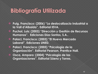 Bibliografía Utilizada

   Puig, Francisco: (2006) “La deslocalizacio Industrial a
    la Vall d’Albaida”. Editorial IEVA...