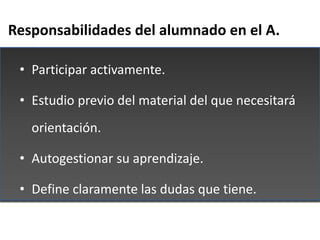 Responsabilidades del alumnado en el A.

 • Participar activamente.

 • Estudio previo del material del que necesitará
   ...