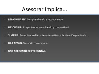 Asesorar Implica...
• RELACIONARSE: Comprendiendo y reconociendo

• DESCUBRIR: Preguntando, escuchando y compartiend

• SU...