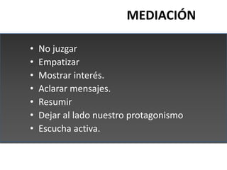 MEDIACIÓN

•   No juzgar
•   Empatizar
•   Mostrar interés.
•   Aclarar mensajes.
•   Resumir
•   Dejar al lado nuestro pr...