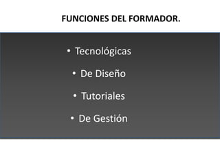FUNCIONES DEL FORMADOR.


 • Tecnológicas

  • De Diseño

  • Tutoriales

 • De Gestión
 