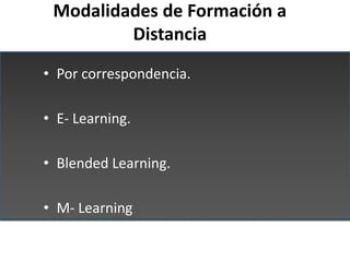 Modalidades de Formación a
         Distancia
• Por correspondencia.

• E- Learning.

• Blended Learning.

• M- Learning
 