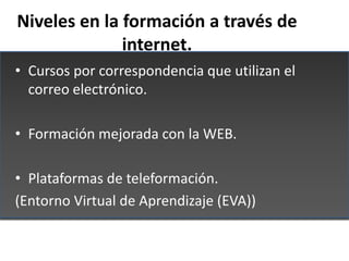 Niveles en la formación a través de
              internet.
• Cursos por correspondencia que utilizan el
  correo electrón...