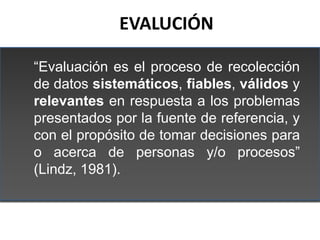 EVALUCIÓN

“Evaluación es el proceso de recolección
de datos sistemáticos, fiables, válidos y
relevantes en respuesta a lo...