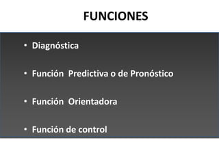 FUNCIONES

• Diagnóstica

• Función Predictiva o de Pronóstico

• Función Orientadora

• Función de control
 