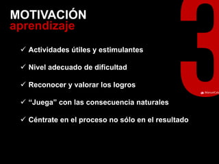 ManuelCalvillo 
aprendizaje 
MOTIVACIÓN 
Actividades útiles y estimulantes 
Nivel adecuado de dificultad 
Reconocer y valorar los logros 
“Juega” con las consecuencia naturales 
Céntrate en el proceso no sólo en el resultado  