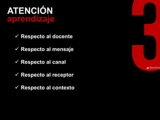 ManuelCalvillo 
aprendizaje 
ATENCIÓN 
Respecto al docente 
Respecto al mensaje 
Respecto al canal 
Respecto al receptor 
Respecto al contexto  