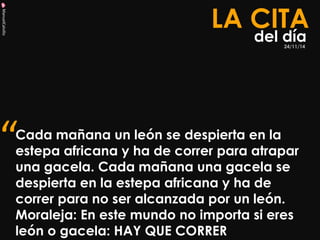 ManuelCalvillo 
Cada mañana un león se despierta en la estepa africana y ha de correr para atrapar una gacela. Cada mañana una gacela se despierta en la estepa africana y ha de correr para no ser alcanzada por un león. Moraleja: En este mundo no importa si eres león o gacela: HAY QUE CORRER 
LA CITA 
del día 
“ 
24/11/14  
