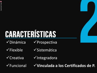 ManuelCalvillo 
Prospectiva 
Sistemática 
Integradora 
Vinculada a los Certificados de P. 
Dinámica 
Flexible 
Creativa 
Funcional  