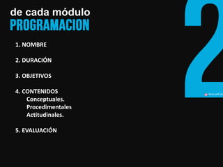 ManuelCalvillo 
de cada módulo 
1. NOMBRE 2. DURACIÓN 3. OBJETIVOS 4. CONTENIDOS Conceptuales. Procedimentales Actitudinales. 5. EVALUACIÓN  