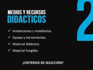 Instalaciones y mobiliarios. 
Equipo y herramientas. 
Material didáctico. 
Material fungible. 
¿CRITERIOS DE SELECCIÓN?  