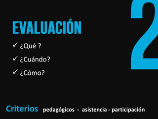 ¿Qué ? 
¿Cuándo? 
¿Cómo? 
Criterios pedagógicos - asistencia - participación  