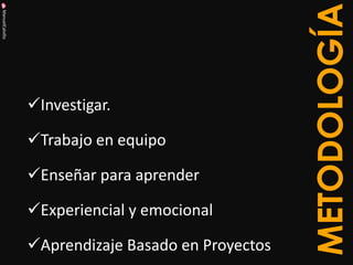 ManuelCalvillo 
METODOLOGÍA 
Investigar. 
Trabajo en equipo 
Enseñar para aprender 
Experiencial y emocional 
Aprendizaje Basado en Proyectos  