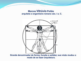 Marcos Vitrúvio Polião
           arquiteto e engenheiro romano séc. I a. C.




Grande denominador de forma, função e solidez; sua visão mudou o
               modo de se fazer arquitetura.
 