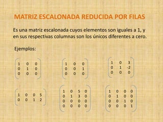 MATRIZ ESCALONADA REDUCIDA POR FILASEs una matriz escalonada cuyos elementos son iguales a 1, y en sus respectivas columnas son los únicos diferentes a cero. Ejemplos:1       0       30       1      -20       0       01       0       00       1       00       0       01       0       00       0       10       0       01      0      0     00      1      0     00      0      1     00      0      0     11      0      5     00      1      3     00      0      0     00      0      0     01      0      0     50      0      1     2