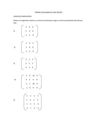 FORMA ESCALONADA DE UNA MATRIZ<br />EJERCICIOS PROPUESTOS:<br />Reducir las siguientes matrices a su forma escalonada y luego a su forma escalonada reducida por filas.<br /> 4      6      0<br />1)                           2       0      0<br />                               2      4       0  <br />                                5      0      5<br /> 2)                           2      8      0<br />                                2      4      0        <br />                               3      2      5<br />3)                           3      5      7<br />                               6      4      9<br />                                2      0      10      0<br />  4)                          0      2       6       0<br />                                3      1      18      0<br />                                -1     0     -5       0<br />                                 2       5       2       2<br />5)                             3       6       3       4<br />                                 5       5       5        6<br />                                 -2      1      -2      -2 <br />6)                            1       0       2       9<br />                               2       0       6       22<br />PREGUNTAS DE OPCIÓN MÚLTIPLE<br />El pívot necesariamente tiene que ser:<br />El número 1<br />Cualquier numero entero.<br />Un número entero positivo.<br />Ninguna respuesta.<br />En una matriz escalonada por filas, los elementos iguales a cero aumentan:<br />De arriba para abajo.<br />De abajo para arriba.<br />De izquierda a derecha.<br />De derecha a izquierda.<br />Para reducir una matriz por filas, se realizan operaciones fundamentales:<br />Solo entre filas.<br />Solo entre columnas.<br />Entre columnas y filas.}<br />Ninguna de las anteriores.<br />El pívot es necesario en:<br />La matriz escalonada por filas.<br />Matriz escalonada reducida por filas.<br />En cualquier matriz.<br />Ninguna de las anteriores.<br />Una matriz escalonada reducida por filas existen elementos:<br />Solo iguales a 1.<br />Todos diferentes de 1.<br />Iguales y diferentes de 1.<br />Ninguna de las anteriores.<br />                               <br />