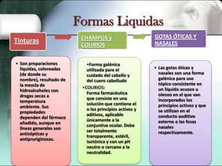 Formas Liquidas
Tinturas
• Son preparaciones
líquidas, coloreadas
(de donde su
nombre), resultado de
la mezcla de
hidroalcoholes con
drogas secas a
temperatura
ambiente. Sus
propiedades
dependen del fármaco
añadido, aunque en
líneas generales son
antisépticas y
antipruriginosas.

CHAMPÚS y
COLIRIOS
•Forma galénica
utilizada para el
cuidado del cabello y
del cuero cabelludo
•COLIRIOS:
Forma farmacéutica
que consiste en una
solución que contiene el
o los principios activos y
aditivos, aplicable
únicamente a la
conjuntiva ocular. Debe
ser totalmente
transparente, estéril,
isotónica y con un pH
neutro o cercano a la
neutralidad.

GOTAS ÓTICAS Y
NASALES

• Las gotas óticas y
nasales son una forma
galénica para uso
tópico consistente en
un líquido acuoso u
oleoso en el que van
incorporados los
principios activos y que
se utilizan en el
conducto auditivo
externo o las fosas
nasales
respectivamente.

 