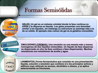 Formas Semisólidas
GELES: Un gel es un sistema coloidal donde la fase continua es
sólida y la dispersa es líquida. Los geles presentan una densidad
similar a los líquidos, sin embargo su estructura se asemeja más a la
de un sólido. El ejemplo más común de gel es la gelatina comestible.

EMULSIONES (CREMAS): Una emulsión es una mezcla más o menos
homogénea de dos líquidos inmiscibles. Un líquido (la fase dispersa)
es dispersado en otro (la fase continua o fase dispersante). Muchas
emulsiones son emulsiones de aceite y agua.

LINIMENTOS: Forma farmacéutica que consiste en una presentación
líquida, solución o emulsión que contiene el o los principios activos y
aditivos cuyo vehículo es acuoso, alcohólico u oleoso, y se aplica
exteriormente en fricciones.

 