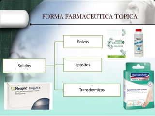Polvos

Solidos

apositos

Transdermicos

 