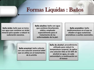 Formas Liquidas : Baños

Baño ácido: baño que se toma
con agua que contiene un ácido
mineral para ayudar a reducir la
sudoración excesiva.

Baño alcalino: baño con agua
que contiene bicarbonato
sódico, empleado
especialmente para el
tratamiento de las
enfermedades de la piel.

Baño arsenical: baño caliente
con una solución arsenical débil
que se utiliza en el tratamiento
de la artritis

Baño aromático: baño
medicamentoso en el que se
añaden al agua sustancias
aromáticas o aceites esenciales.

Baño de alcohol: procedimiento
utilizado para reducir la
temperatura corporal. Se aplica
una solución tibia al 25-50% de
alcohol en agua, en cada
extremidad y a continuación en
el tronco

 