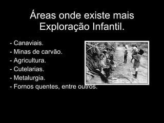Áreas onde existe mais Exploração Infantil. - Canaviais. - Minas de carvão. - Agricultura. - Cutelarias. - Metalurgia. - Fornos quentes, entre outros. 