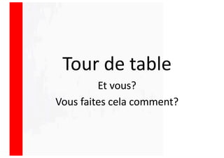 Tour de table
Et vous?
Vous faites cela comment?
 