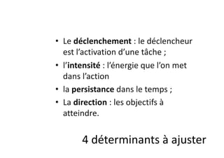 4 déterminants à ajuster
• Le déclenchement : le déclencheur
est l’activation d’une tâche ;
• l’intensité : l’énergie que l’on met
dans l’action
• la persistance dans le temps ;
• La direction : les objectifs à
atteindre.
 