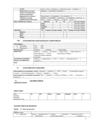 Cocina:
Disposición de excretas:
Numero de habitaciones:
Numero de personas:
Disposición de la basura:
Suministro de agua:
Animales dentro de la casa:
Dieta y Hábitos por semana:

Adicciones:
Deportes
Fuma
Bebe
Drogas
VIII.

Leña [ ], Gas [ ], Eléctrica [ ], Fuera de la casa [ ], Adentro [ ]
Sanitario [ ], Aire libre [ ],Letrina [ ].
Tren de aseo [ ], La queman [ ], La entierran [ ].
Potable [ ], No potable [ ], De llave [ ],La compran [ ], De río [ ].
Perro [ ], Gato [ ], Gallinas [ ], Cerdos [ ] Aves [ ]
Alimento
Sí
No
#
Veces por semana
Carne
Veces por semana
Frutas
Veces por semana
Vegetales
Veces por semana
Leche
Veces por semana
Si
Cuantas veces por semana No
Cuantas veces por semana

ANTECEDENTES GINECOLÓGICOS Y OBSTÉTRICOS

Ginecológicos:
•
Menarquia:
•
Menopausia:
Menstruación:
Obstétricos:

a los
años
A los
años
Duración:
Cantidad:
Periodicidad:
Abortos: [ ] Partos: [ ] Cesáreas: [ ] Hijos Vivos: [ ] Hijos Muertos: [
Partos Pélvicos [ ] FUM:
Fecha última Citologia:
Control del ultimo embarazo:
Gravindex:
Diabetes [ ], Hipertensión [ ] , ITU [ ], ETS [ ], Placenta Previa [
]
Sangrado [ ]

Antecedentes patológicos
durante sus Embarazos:

]

Nota:
IX.

ANTECEDENTES FAMILIARES

Enfermedades de transmisión vertical: Obesidad [ ], Diabetes [ ], HTA [ ],Gota [ ], Enfermedad Cardiaca [
] Asma [ ], Artritis Reumatoide [ ], Cáncer [ ]Epilepsia [ ], Otras:
Enfermedades de transmisión horizontal: TBC [ ], Hepatitis [ ], Fiebre de Tifoidea [ ], ETS [ ], Neumonía [ ]
Paludismo [ ]

X.

EXAMEN FÍSICO

Apariencia General:

Signos Vitales:
P/A:
Sentado:
Decubito:
Decubito lat. Izq.:

FC:

FR:

Pulso:

Talla:

Glasgow:

Peso:

T°:

EXAMEN FISICO DE REGIONES
NOTA:

X = Que está presente.

Cabeza y Cara:
•
Inspección:

Masas [ ], protuberancias [ ], edema [
], Simétrica [
],
Vello facial [
], Estado del cabello [

], Estado de la piel [
], Alopecia [ ].

4

 