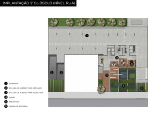 IMPLANTAÇÃO 2˚ SUBSOLO (NÍVEL RUA)

GARAGEM
ECLUSA DE ACESSO PARA VEÍCULOS
ECLUSA DE ACESSO PARA PEDESTRES
LOBBY
BIBLIOTECA
JARDIM DE ENTRADA

 