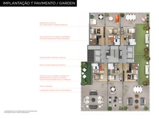 IMPLANTAÇÃO 1˚ PAVIMENTO / GARDEN

INFRAESTRUTURA DO
AR CONDICIONADO* SERÁ ENTREGUE

ÁGUA QUENTE NA COZINHA E BANHEIRO,
COM MISTURADORES MONOCOMANDOS

AQUECIMENTO CENTRAL DE ÁGUA

PISO COM ISOLAMENTO ACÚSTICO

CAIXILHOS QUE ATENDEM À NORMA DE
DESEMPENHO ACÚSTICO E GRANDE
VÃO PROPORCIONANDO BOA ILUMINAÇÃO

AMPLO TERRAÇO
ILUMINAÇÃO DE PISO COM LED ENTREGUE

*CONDENSADORA DO AR CONDICIONADO PODE SER INSTALADA
NA VARANDA TÉCNICA, FORA DO APARTAMENTO.

 
