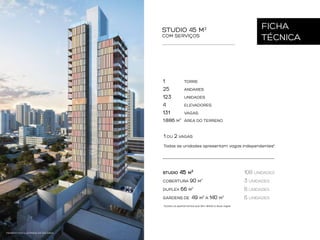 STUDIO 45 M2
COM SERVIÇOS

1
25
123
4
131

FICHA
TÉCNICA

TORRE
ANDARES
UNIDADES
ELEVADORES
VAGAS

1.886 M2 ÁREA DO TERRENO

1 OU 2 VAGAS
Todas as unidades apresentam vagas independentes*.

STUDIO

45

M

2

COBERTURA 90 M2
DUPLEX 66 M2
GARDENS DE

49 M2 A 140 M2

*Exceto os apartamentos que têm direito a duas vagas.

PERSPECTIVA ILUSTRADA DA FACHADA

108 UNIDADES
3 UNIDADES
6 UNIDADES
6 UNIDADES

 