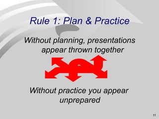 11
Rule 1: Plan & Practice
Without planning, presentations
appear thrown together
Without practice you appear
unprepared
 